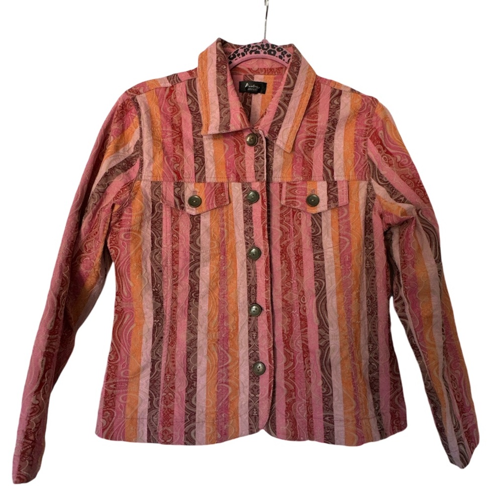 Analogy Boho Striped Embroidered Pink‎ and Orange Lightweight Button Jacket